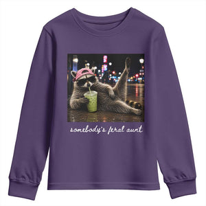 Somebody's Feral Aunt Youth Sweatshirt Raccoon Drinking Iced Matcha Latte Sarcastic Animal Humor