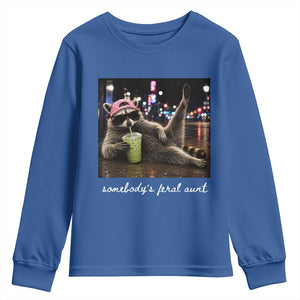 Somebody's Feral Aunt Youth Sweatshirt Raccoon Drinking Iced Matcha Latte Sarcastic Animal Humor