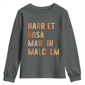 Black History Leaders Youth Sweatshirt Harriet Rosa Martin Malcolm TS14 Dark Heather Print Your Wear