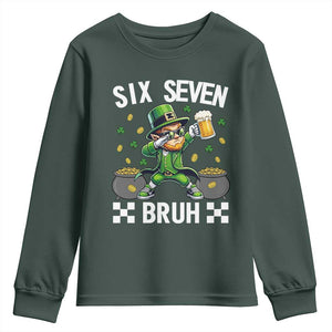 67 Bruh St Patricks Day Youth Sweatshirt Funny Six Seven Leprechaun Bruh Meme TS14 Dark Forest Green Print Your Wear