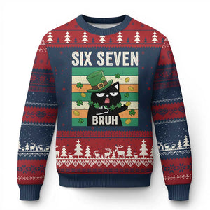 67 Bruh St Patricks Day Ugly Christmas Sweater Funny Cat Bruh Six Seven Meme TS14 Navy Red Print Your Wear