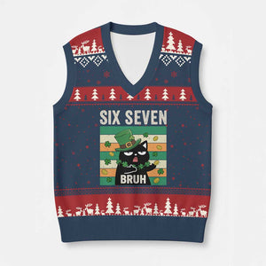 67 Bruh St Patricks Day V-Neck Knit Sweater Vest Funny Cat Bruh Six Seven Meme TS14 Navy Red Print Your Wear