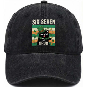 67 Bruh St Patricks Day Washed Cotton Baseball Cap Funny Cat Bruh Six Seven Meme TS14 Washed Cap Universal Fit Black Print Your Wear