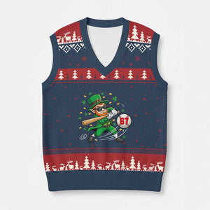 67 St Patricks Day V-Neck Knit Sweater Vest Funny Six Seven Leprechaun Playing Baseball Meme TS14 Navy Red Print Your Wear