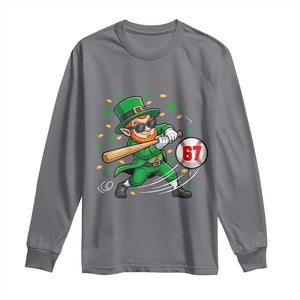 67 St Patricks Day Long Sleeve Shirt Funny Six Seven Leprechaun Playing Baseball Meme TS14 Charcoal Print Your Wear