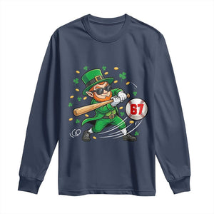 67 St Patricks Day Long Sleeve Shirt Funny Six Seven Leprechaun Playing Baseball Meme TS14 Navy Print Your Wear