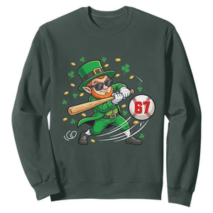 67 St Patricks Day Sweatshirt Funny Six Seven Leprechaun Playing Baseball Meme TS14 Dark Forest Green Print Your Wear