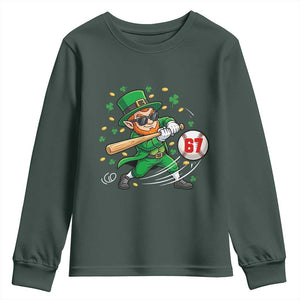 67 St Patricks Day Youth Sweatshirt Funny Six Seven Leprechaun Playing Baseball Meme TS14 Dark Forest Green Print Your Wear