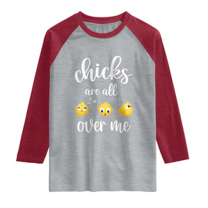 Chicks Are All Over Me Raglan Shirt Funny Easter Kids TS14 Heather Gray Heather Red Print Your Wear