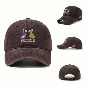 Stop Staring at My Easter Eggs Washed Cotton Baseball Cap Funny Skeleton Bunny Easter TS14 Washed Cap Universal Fit Dark Brown Print Your Wear