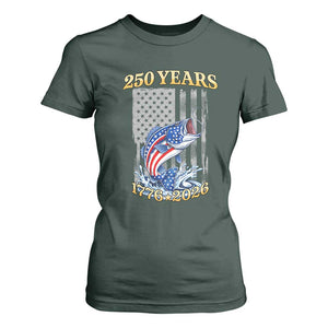 America 250th Fishing T Shirt For Women Patriotic Fisherman American Flag TS14 Dark Forest Green Print Your Wear