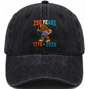 Bigfoot America 250 Washed Cotton Baseball Cap Funny Sasquatch American Flag Fireworks Fourth of July TS14 Print Your Wear