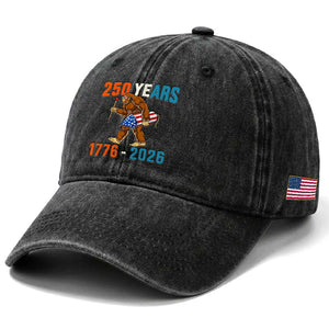 Bigfoot America 250 Washed Cotton Baseball Cap Funny Sasquatch American Flag Fireworks Fourth of July TS14 Print Your Wear