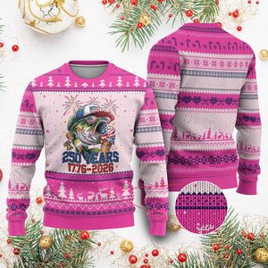 America 250th Fishing Ugly Christmas Sweater Patriotic Bass Fish American Flag TS14 Hot Pink Print Your Wear