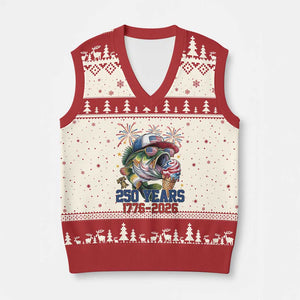 America 250th Fishing V-Neck Knit Sweater Vest Patriotic Bass Fish American Flag TS14 Beige Red Print Your Wear
