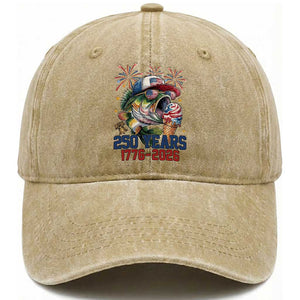 America 250th Fishing Washed Cotton Baseball Cap Patriotic Bass Fish American Flag TS14 Print Your Wear