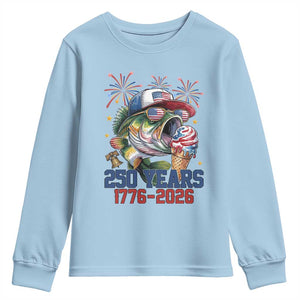 America 250th Fishing Youth Sweatshirt Patriotic Bass Fish American Flag TS14 Light Blue Print Your Wear
