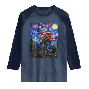 Bigfoot Patriotic 250 Years of Freedom Raglan Shirt American USA Flag Stary Night TS14 Heather Denim Navy Print Your Wear