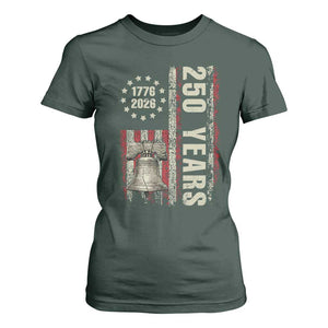 250th Anniversary USA T Shirt For Women Patriotic Liberty Bell 1776 2026 American Flag TS14 Dark Forest Green Print Your Wear
