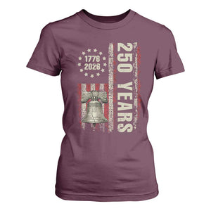250th Anniversary USA T Shirt For Women Patriotic Liberty Bell 1776 2026 American Flag TS14 Maroon Print Your Wear