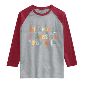 Literacy Justice for All Stop Book Banning Protect Librarian Raglan Shirt TS14 Heather Gray Heather Red Print Your Wear