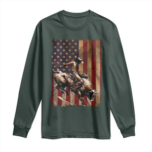 Black Cowboy Bull Rider Long Sleeve Shirt Western Rodeo Patriotic American Flag TS14 Dark Forest Green Print Your Wear