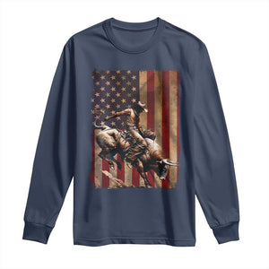 Black Cowboy Bull Rider Long Sleeve Shirt Western Rodeo Patriotic American Flag TS14 Navy Print Your Wear