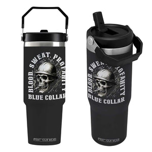 Skull Smoking Flip Straw Tumbler Blood Sweat Profanity Blue Collar TS14 One Size: 30 oz Black Print Your Wear