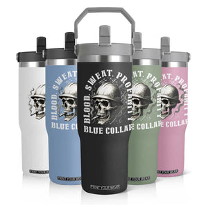 Skull Smoking Flip Straw Tumbler Blood Sweat Profanity Blue Collar TS14 Print Your Wear