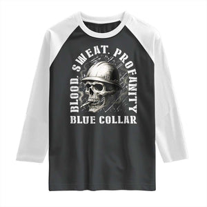 Skull Smoking Raglan Shirt Blood Sweat Profanity Blue Collar TS14 Black White Print Your Wear