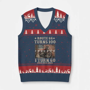 Route Highway 66 Turns 100 I Turn 60 V-Neck Knit Sweater Vest Vintage 1966 American Freedom Motorcycle Lover 60th Birthday Gift