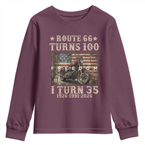 Route Highway 66 Turns 100 I Turn 35 Youth Sweatshirt Vintage 1991 American Freedom Motorcycle Lover 35th Birthday Gift