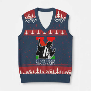 Malcolm X V-Neck Knit Sweater Vest By Any Means Necessary TS14 Navy Red Print Your Wear