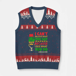 James Baldwin V-Neck Knit Sweater Vest I Can't Believe What You Say Because I See What You Do TS14 Navy Red Print Your Wear