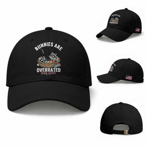 Funny Easter Raccoon Meme Baseball Cap Bunnies Are Overrated Stay Feral TS14 Baseball Cap Universal Fit Black Print Your Wear