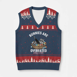 Funny Easter Raccoon Meme V-Neck Knit Sweater Vest Bunnies Are Overrated Stay Feral TS14 Navy Red Print Your Wear