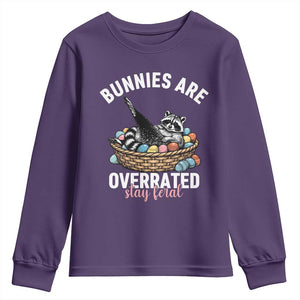Funny Easter Raccoon Meme Youth Sweatshirt Bunnies Are Overrated Stay Feral TS14 Purple Print Your Wear