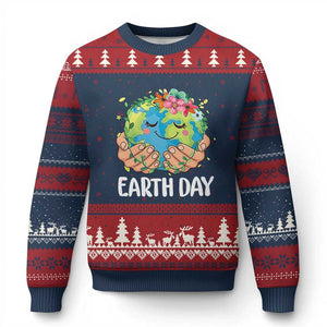 Cute Earth with Floral Earth Day Ugly Christmas Sweater TS14 Navy Red Print Your Wear