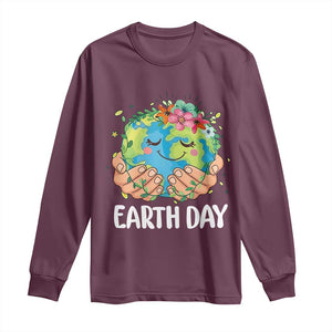 Cute Earth with Floral Earth Day Long Sleeve Shirt TS14 Maroon Print Your Wear