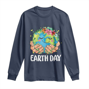 Cute Earth with Floral Earth Day Long Sleeve Shirt TS14 Navy Print Your Wear