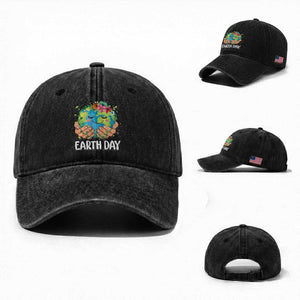 Cute Earth with Floral Earth Day Washed Cotton Baseball Cap TS14 Washed Cap Universal Fit Black Print Your Wear