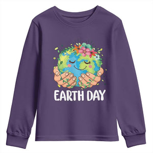 Cute Earth with Floral Earth Day Youth Sweatshirt TS14 Purple Print Your Wear