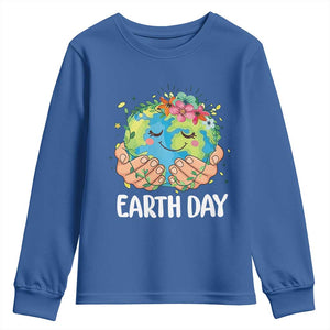 Cute Earth with Floral Earth Day Youth Sweatshirt TS14 Royal Blue Print Your Wear