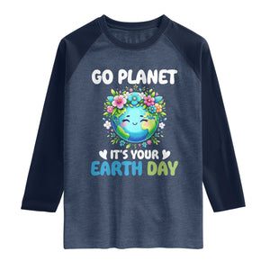 Go Planet It's Your Earth Day Raglan Shirt Funny Sarcastic Nature Lover TS14 Heather Denim Navy Print Your Wear