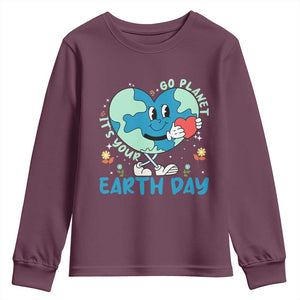 Go Planet It's Your Earth Day Youth Sweatshirt Cute Nature Lover Heart Earth TS14 Maroon Print Your Wear