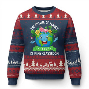 The Future Of Planet Is In My Classroom Ugly Christmas Sweater Cute Earth with Floral Earth Day TS14 Navy Red Print Your Wear