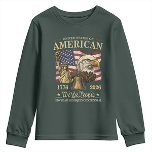 USA 250th Anniversary Youth Sweatshirt America 1776-2026 Patriotic Eagle Liberty Bell TS14 Dark Forest Green Print Your Wear