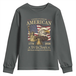 USA 250th Anniversary Youth Sweatshirt America 1776-2026 Patriotic Eagle Liberty Bell TS14 Dark Heather Print Your Wear