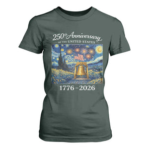 USA 250th Anniversary T Shirt For Women Liberty Bell 17762026 Patriotic American Flag Starry Night TS14 Dark Forest Green Print Your Wear