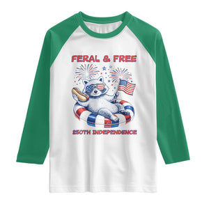 Feral and Free Funny Raccoon 4th of July Raglan Shirt 250 Years Of Freedom TS14 White Kelly Green Print Your Wear